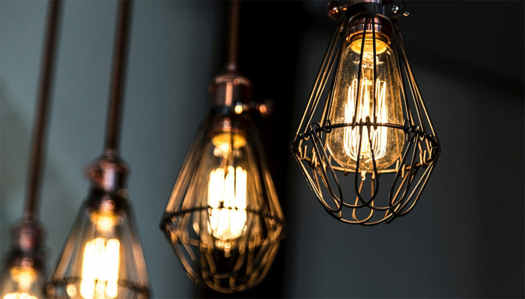 "Thomas Edison" style LED light bulbs installed in hanging outlets