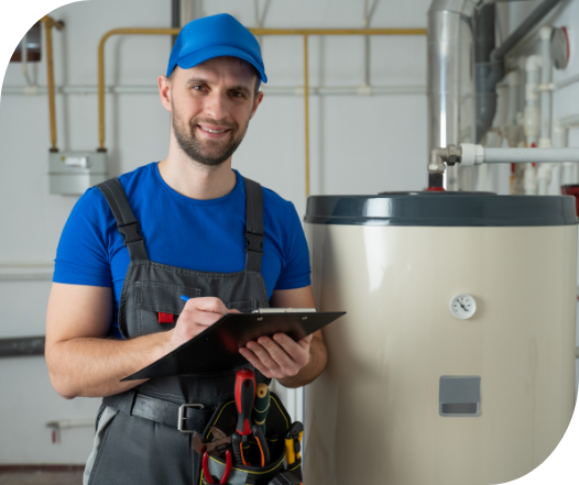 worker checking water heater wearing blue hat
