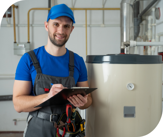 worker checking water heater wearing blue hat